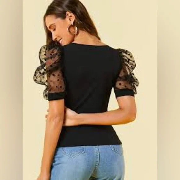 See the Shades Black Top with Sheer Polka Dot Sleeves Sz Large Puff Sleeves - Picture 3 of 9